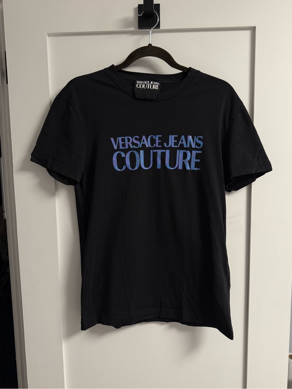 Versace Jeans Couture Black Tee with Iridescent Logo Print